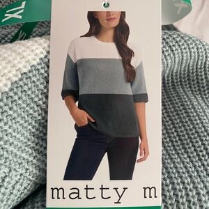NWT Matty M Women's Elbow Sleeve Colorblock White gray teal Sweater